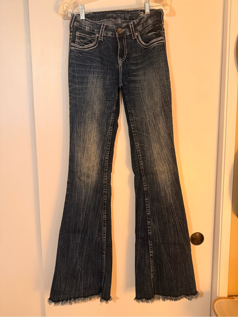 Cowgirl Tuff Dark Wash Flare Jeans with Frayed Hem LONG